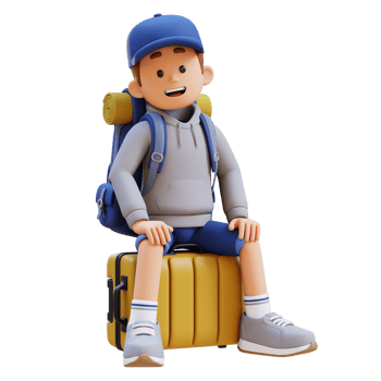 3D Traveller Character Sitting on a Suitcase png