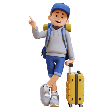 3D Traveller Character Lying on Suitcase while pointing up png