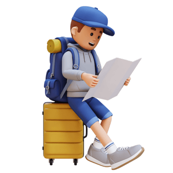 3D Traveller Character Sitting on a Suitcase and Checking the Map png