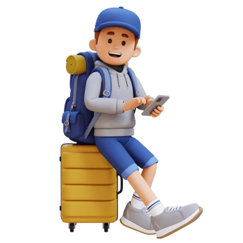 3D Traveller Character Sitting on a Suitcase and holding smart phone png