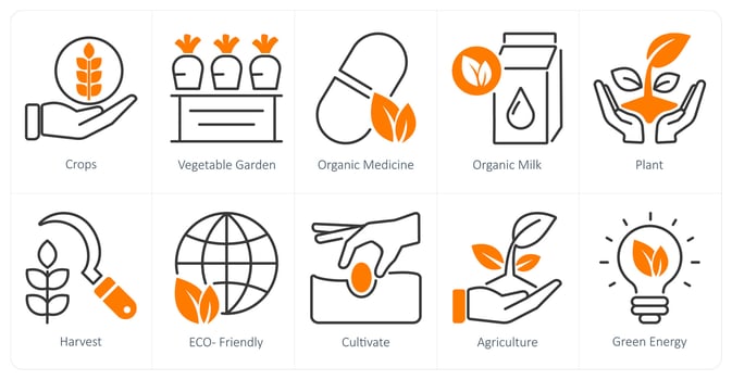 A set of 10 organic farming icons as crops, vegetable garden, organic medicine vector