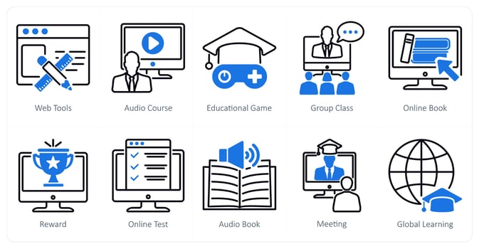 A set of 10 online education icons as web tools, audio course, educational game vector