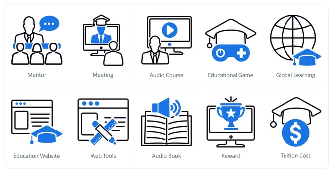 A set of 10 online education icons as mentor, meeting, audio course vector