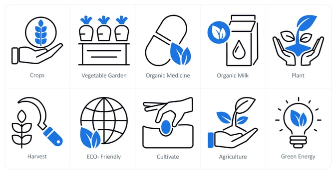 A set of 10 organic farming icons as crops, vegetable garden, organic medicine vector