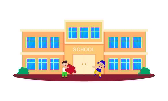 School building and children in the front yard of the school illustration vector