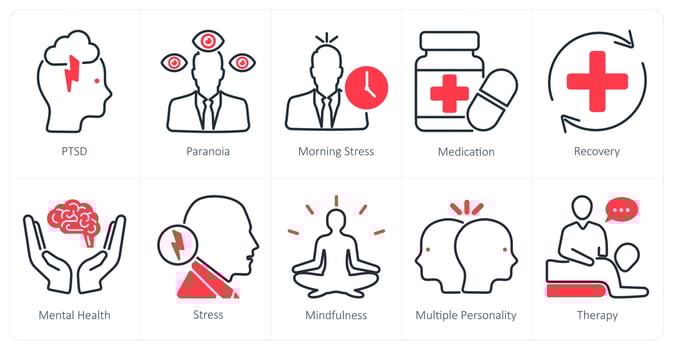 A set of 10 mental health icons as ptsd, paranoia, morning stress vector