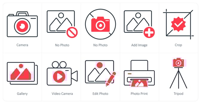 A set of 10 photography icons as camera, no photo, add image vector