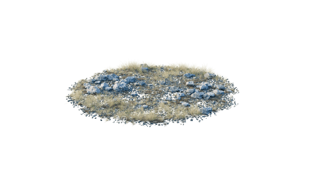 Round surface of Small Plant forest patch covered with flowers, green or dry grass and stone isolated on transparent background. Realistic natural element for design. Bright 3d png