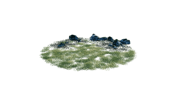 Round surface of Small Plant forest patch covered with flowers, green or dry grass and stone isolated on transparent background. Realistic natural element for design. Bright 3d png