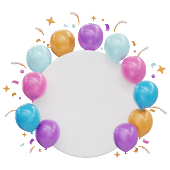 Colored balloons with circle card and confetti isolated on white background, illustration png