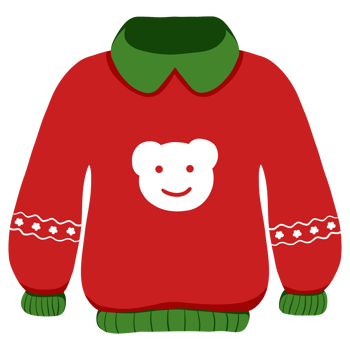 An illustration of a red sweater with green sleeves and a cartoon bear pattern, perfect for the Christmas holiday png