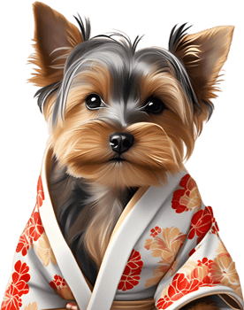 Adorable puppy wears colorful kimono in charming clipart illustration. AI-generated. png