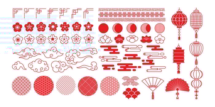 Chinese new year elements. Traditional oriental ornaments. China festival, new year celebrations. Asian festive flowers, clouds, ornaments, lantern. Lunar symbols set vector