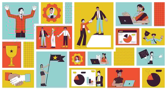 Corporate workers success bento grid illustration set. Team leader teamwork, pie charts 2D image collage design graphics collection. Remote employees laptops flat characters moodboard layout vector