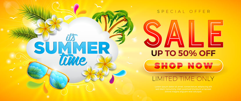 Summer Sale Banner Design with Flower, Sunglasses and Beach Holiday Elements on Yellow Background. Tropical Vacation Floral Illustration with Special Offer Typography for Coupon, Voucher, Flyer vector