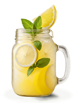 Lemonade Mason jar with fresh lemonade garnished with lemon slice and sprig of mint classic png