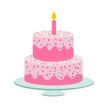 A pink birthday cake with a lit candle on top. The cake is decorated with sprinkles and has a white plate underneath it vector