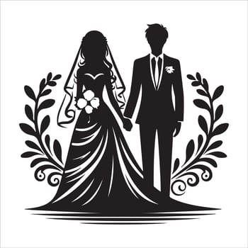 bride groom, unique floral half moon love black silhouette bride groom unique design icons bundle with withe backgrounds vector