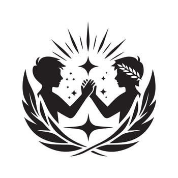 Abstract Friendship Emblem with Laurel Wreath, Two Women, Dove, and Heart Symbol in Black and White vector