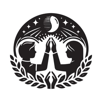 Abstract Friendship Emblem with Laurel Wreath, Two Women, Dove, and Heart Symbol in Black and White vector