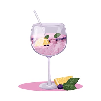 Summer cocktail. Refreshing drink with lemons, blueberries and mint in a glass. Beach holidays, summer vacation, party, cafe-bar. Isolated illustration vector