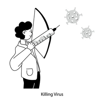 A man killing virus with arrows, doodle mini illustration vector