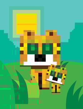Pixel tiger sits in nature with a tiger cub vector