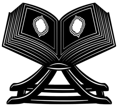 Quran Holy book on the book holder icon black silhouette. Arabic symbol of prayer for Islamic holidays Ramadan, Eid Al-Adha, Eid Mubarak. Isolated illustration. vector
