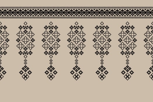 Traditional ethnic motifs ikat geometric fabric pattern cross stitch.Ikat embroidery Ethnic oriental Pixel brown cream label background. Abstract,illustration. Texture,decoration,wallpaper. vector