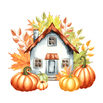 Pumpkins on background of cute garden house with maple leaves. Autumn composition for fall Harvest and Thanksgiving. Hand drawn watercolor illustration isolated. Template for sticker, embroidery, card png