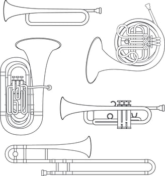illustration set of brass musical instruments for coloring in cartoon style isolated on white background vector