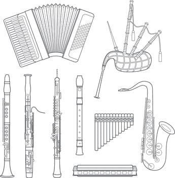 illustration set of woodwind musical instruments for coloring in cartoon style isolated on white background vector