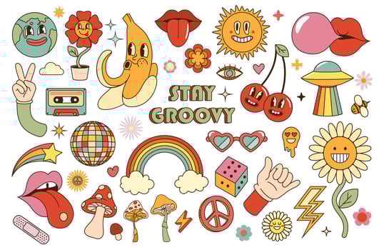 Groovy sticker. Retro 70s hippie stickers, psychedelic groovy elements. Cartoon funky mushroom, flower, rainbow, vintage hippy set. Disco ball, banana and cherries vector