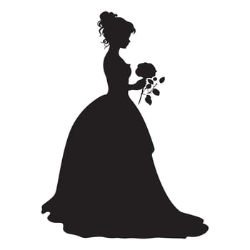 princess in long lush dress holding a rose silhouette white background vector