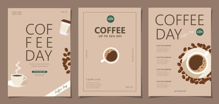 Set of minimal background templates with coffee beans and coffee mug for invitations, cards, banner, brochure, poster, cover, cafe menu or another design. vector