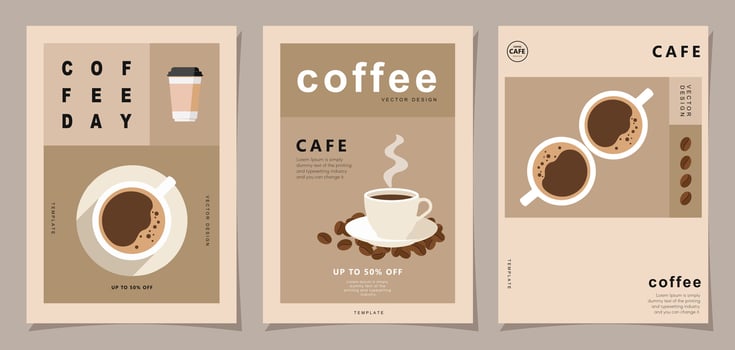 Set of minimal background templates with coffee beans and coffee mug for invitations, cards, banner, brochure, poster, cover, cafe menu or another design. vector