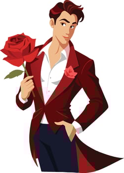 Elegant man wearing red suit holding a rose vector