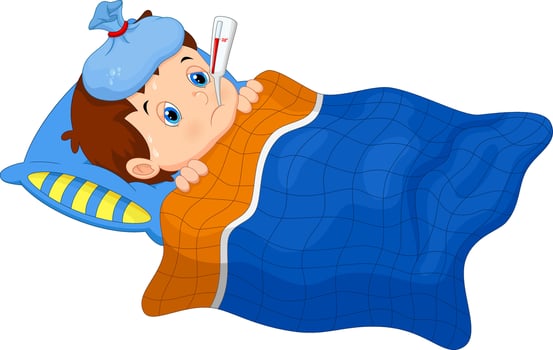 Sick kid lying in bed vector