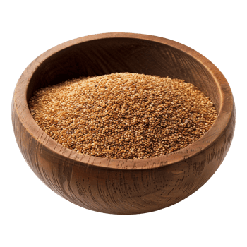 Brown teff grain in a wooden bowl isolated on transparent background png
