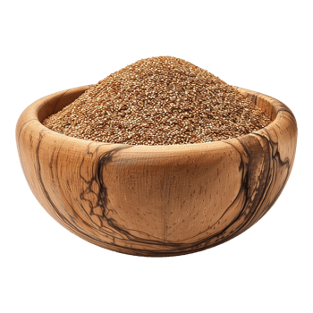 Brown teff grain in a wooden bowl isolated on transparent background png