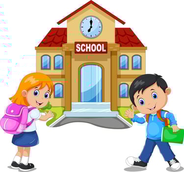 Happy little kids with bags and books on school building background vector