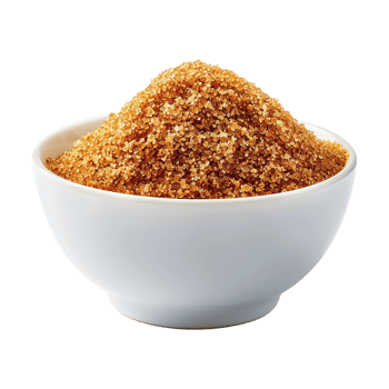 Brown cane sugar pile in white bowl isolated on transparent background png