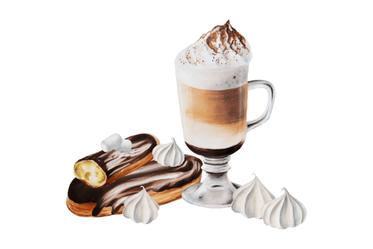 Fluffy foam latte coffee in a glass cup with eclair in chocolate, meringue and marshmallows. Hand painting watercolor illustration on isolated background. For designers, menu, shop, bar, bistro png
