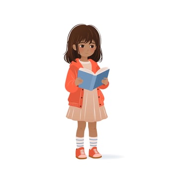 Cute little girl is holding book in her hands and reading it. isolated illustration on white background. Cartoon kid for educational designs, book club, world book day. Clip-art. vector
