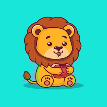 Cute lion sitting while eating meat cartoon illustration vector