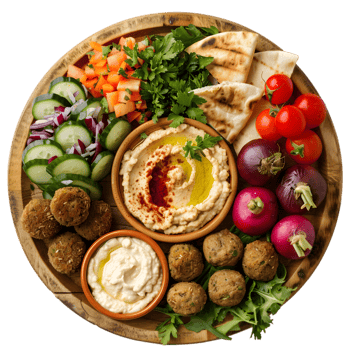Middle Eastern Falafel Platter with Hummus, Pita Bread, and Fresh Vegetables on Transparent Background png