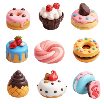 Sweet food icons 3D set on transparent png