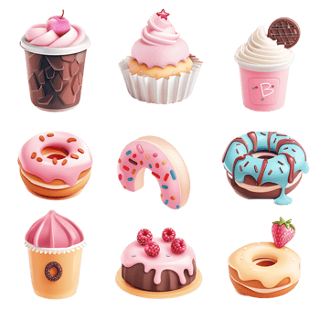 transparent background sweet treats 3D icons set png