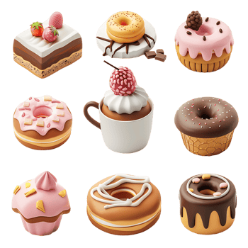 Sweet food 3D icon set isolated on transparent png