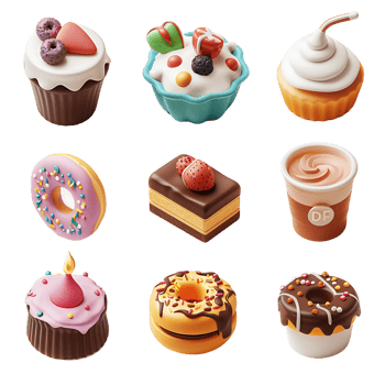Sweet food 3D icon set on transparent background png